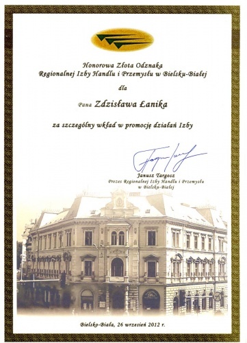 Złota odznaka Honorowego Partnera Izby za 2012 r. 